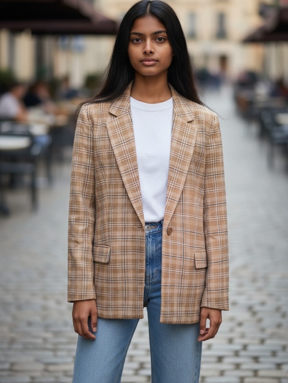 Nordstrom Tan Plaid Single-Button Blazer